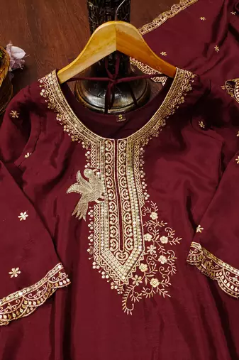 Maroon designer chinon sequins embroidered work readymade suit