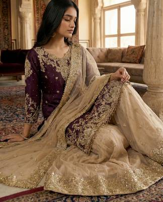 Wine designer heavy gmy silk sequins embroidered work readymade suit 3