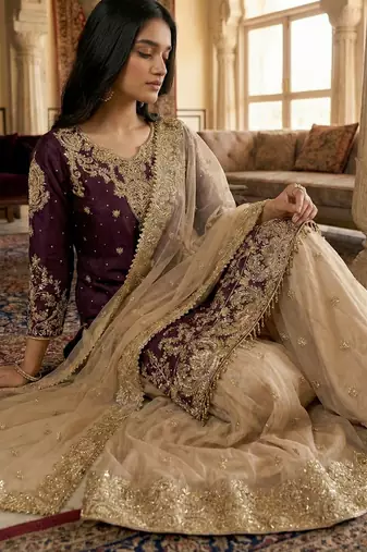Wine designer heavy gmy silk sequins embroidered work readymade suit