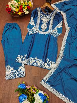 Teal designer chinon sequins embroidered work readymade suit 3