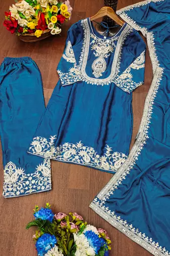 Teal designer chinon sequins embroidered work readymade suit
