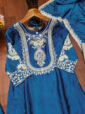 Teal designer chinon sequins embroidered work readymade suit 4