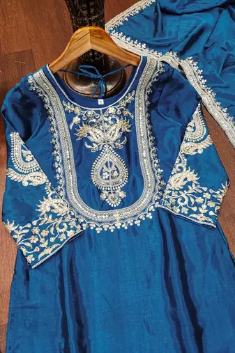 Teal designer chinon sequins embroidered work readymade suit