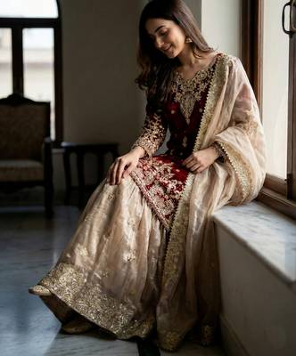 Maroon designer heavy gmy silk sequins embroidered work readymade suit 2
