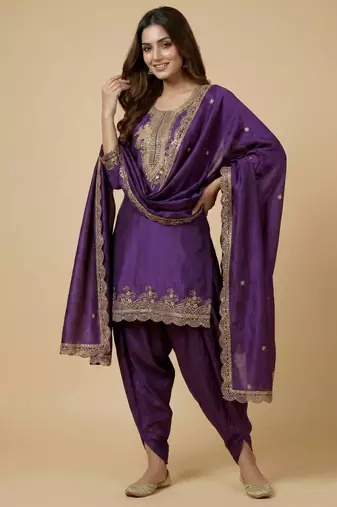 Purple designer chinon sequins embroidered work readymade suit