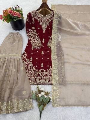 Maroon designer heavy gmy silk sequins embroidered work readymade suit 3