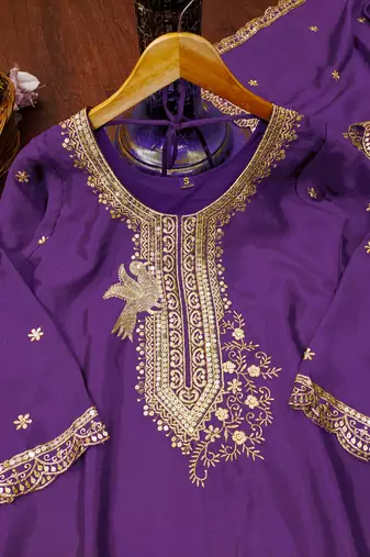 Purple designer chinon sequins embroidered work readymade suit