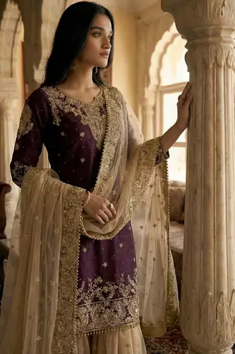 Wine designer heavy gmy silk sequins embroidered work readymade suit