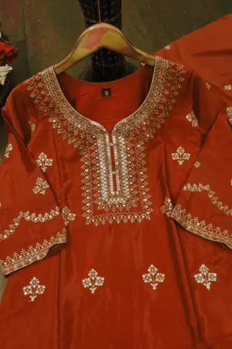 Orange designer natural crepe sequins embroidered work readymade suit