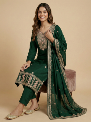 Green designer chinon sequins embroidered work readymade suit 2