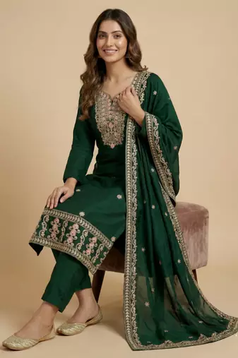 Green designer chinon sequins embroidered work readymade suit