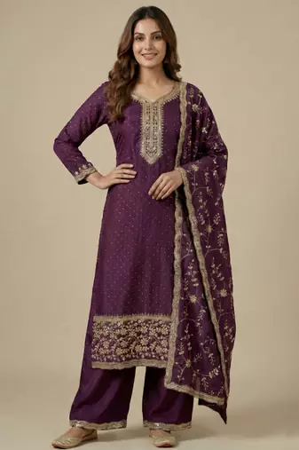 Wine designer chinon sequins embroidered work readymade suit