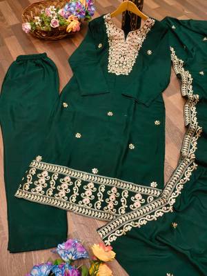 Green designer chinon sequins embroidered work readymade suit 3