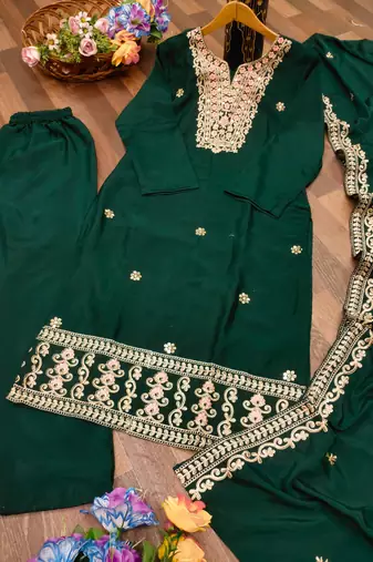 Green designer chinon sequins embroidered work readymade suit