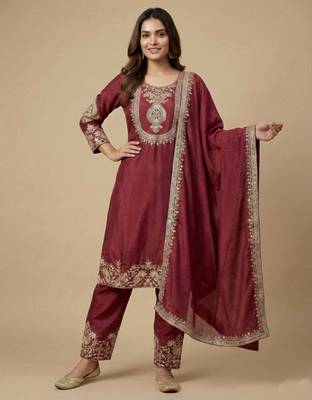 Maroon designer chinon sequins embroidered work readymade suit 2