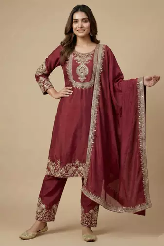 Maroon designer chinon sequins embroidered work readymade suit