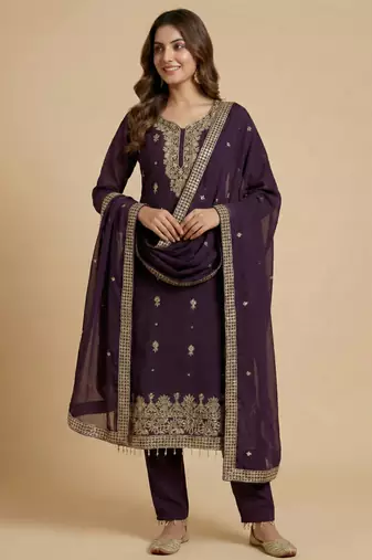 Wine designer fox georgette sequins embroidered work readymade suit