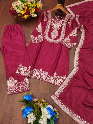 Maroon designer chinon sequins embroidered work readymade suit 3
