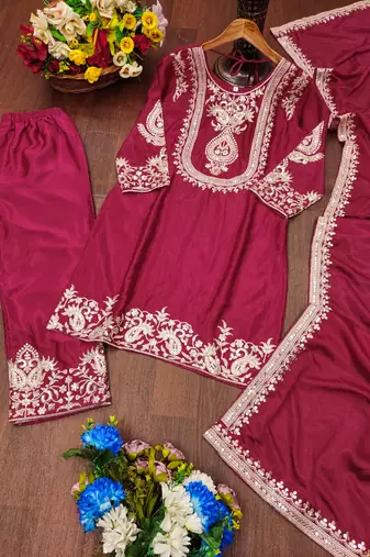 Maroon designer chinon sequins embroidered work readymade suit