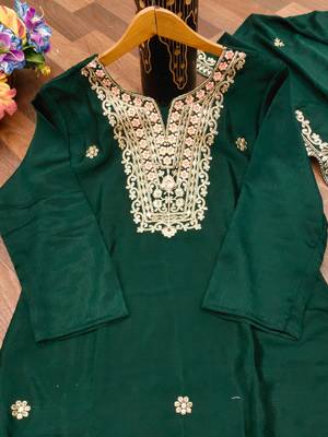 Green designer chinon sequins embroidered work readymade suit 4