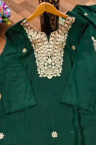 Green designer chinon sequins embroidered work readymade suit