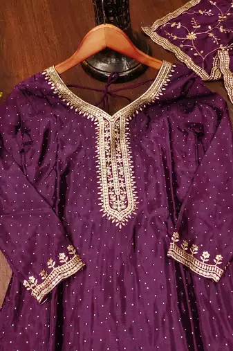 Wine designer chinon sequins embroidered work readymade suit