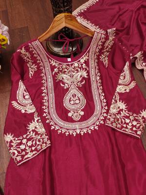 Maroon designer chinon sequins embroidered work readymade suit 4