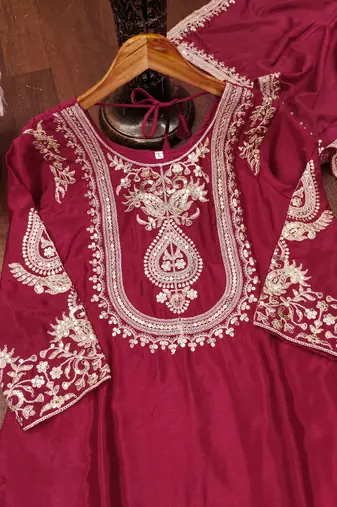 Maroon designer chinon sequins embroidered work readymade suit