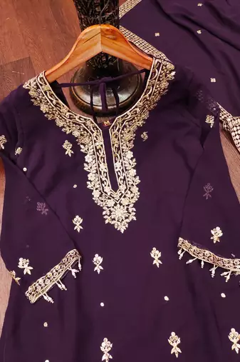 Wine designer fox georgette sequins embroidered work readymade suit