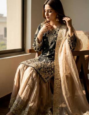 Black designer heavy gmy silk sequins embroidered work readymade suit 2