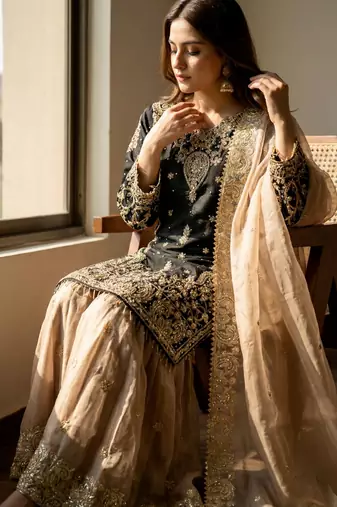 Black designer heavy gmy silk sequins embroidered work readymade suit