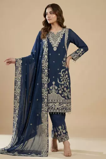 Blue designer fox georgette sequins embroidered work readymade suit