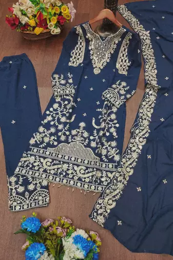 Blue designer fox georgette sequins embroidered work readymade suit
