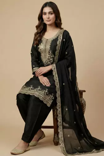 Black designer chinon sequins embroidered work readymade suit