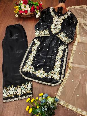 Black designer pure jimmy choo silk sequins embroidered work readymade suit 3