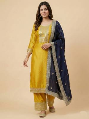 Yellow designer chinon sequins embroidered work readymade suit 2