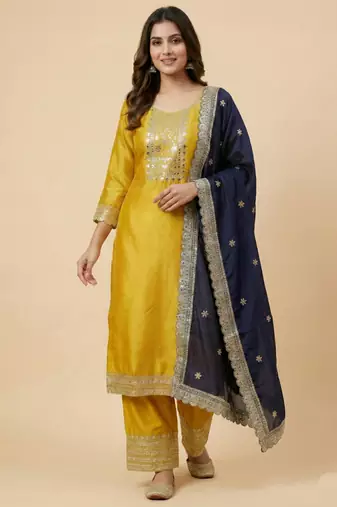 Yellow designer chinon sequins embroidered work readymade suit