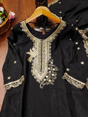 Black designer chinon sequins embroidered work readymade suit 4