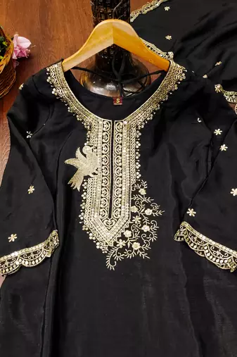 Black designer chinon sequins embroidered work readymade suit