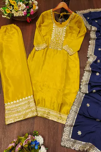 Yellow designer chinon sequins embroidered work readymade suit