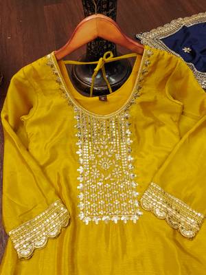 Yellow designer chinon sequins embroidered work readymade suit 4