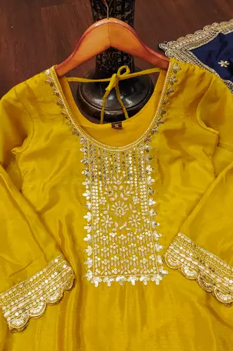 Yellow designer chinon sequins embroidered work readymade suit