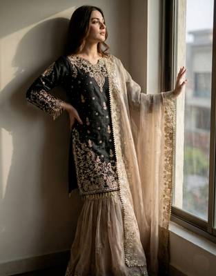 Black designer heavy gmy silk sequins embroidered work readymade suit 3