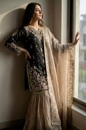 Black designer heavy gmy silk sequins embroidered work readymade suit