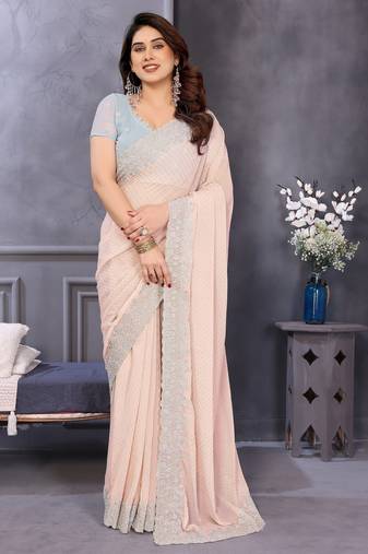 Peach soft georgette embroidered border saree with matching blouse piece