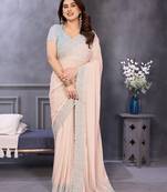 Peach soft georgette embroidered border saree with matching blouse piece