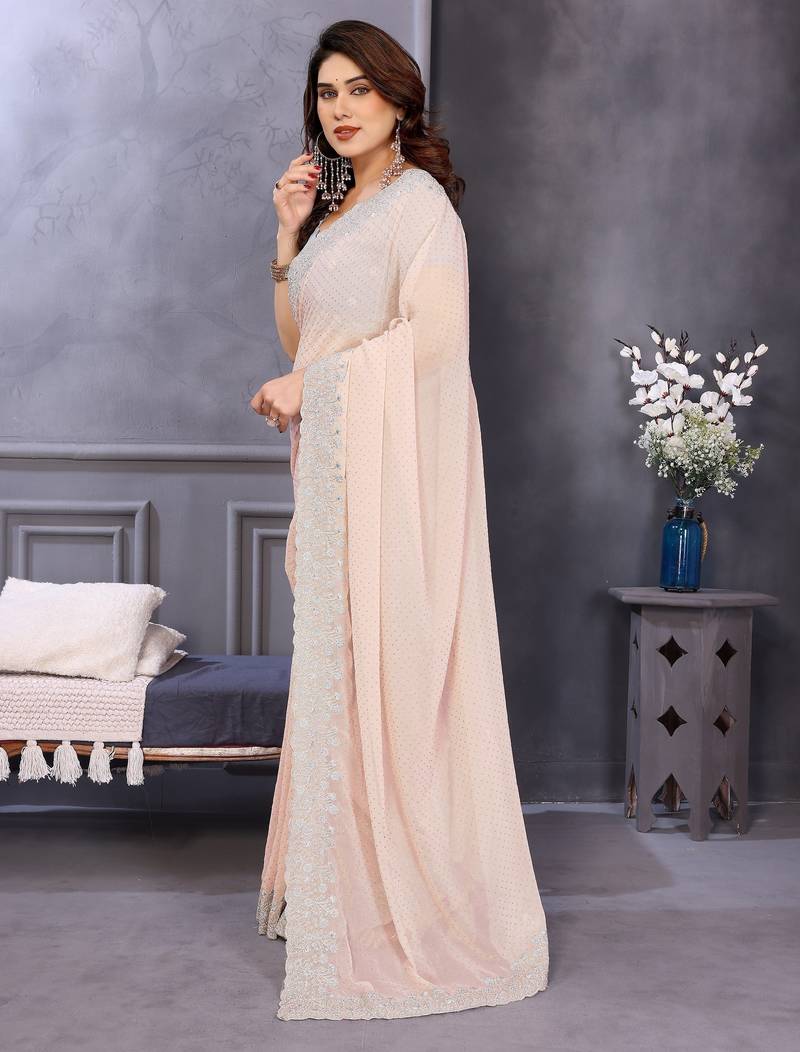 Peach soft georgette embroidered border saree with matching blouse piece
