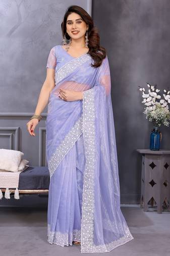 Light lavender soft twill net embroidered border saree with matching blouse piece
