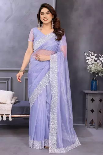 Light lavender soft twill net embroidered border saree with matching blouse piece