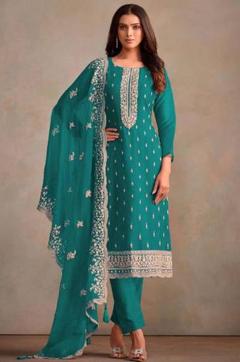 Turquoise organza embroidery work designer salwar suit